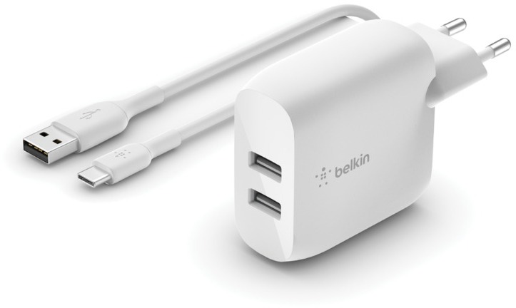 Сетевое зарядное устройство 2хUSB-A + кабель USB-A - USB-C, 24Вт, белый